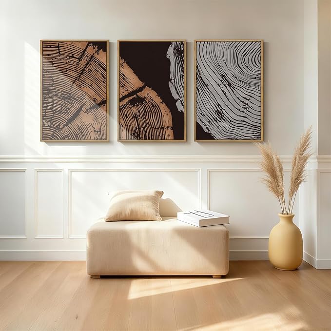 ANHUIB Tree Ring Wall Art 16x24 Inch Black Wall Painting Modern Wood Stump Wall Decor Neutral Minimalist Artprints Set of 3 for Living Room Bedroom Office