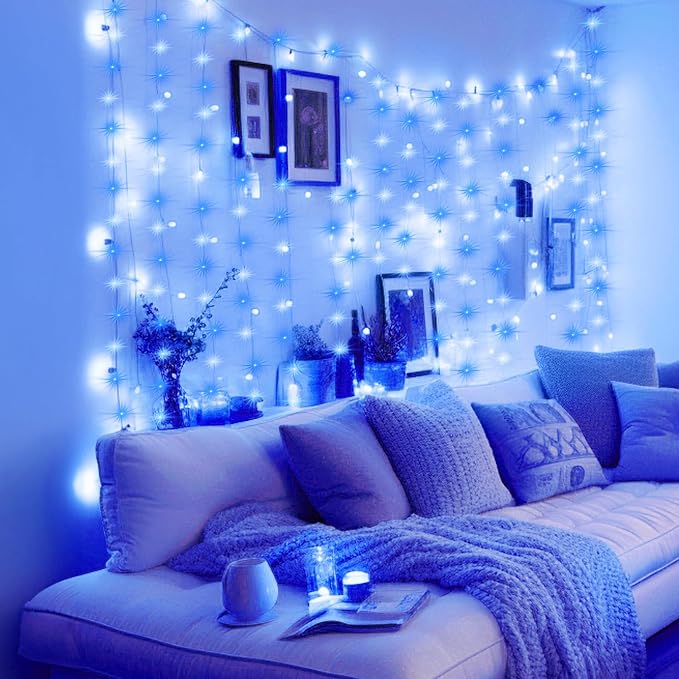 Minetom Curtain Lights, 300 LED Dimmable Fairy Lights with Remote and Timer, 8 Modes, USB Powered String Lights for Room Wall Party Xmas Indoor Decor, Blue & White Hanukkah Decorations Lights