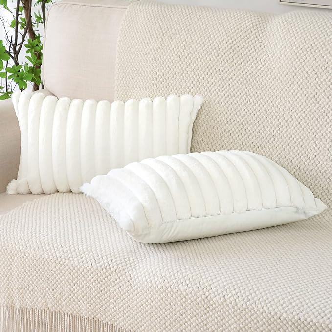 Soleebee Set of 2 Throw Pillow Covers Soft Cozy Velvet Pillowcase Faux Rabbit Fur Cover for Couch Sofa Bed Chair Home Decorative Pillows Cover (12x20 Inch, Beige White)