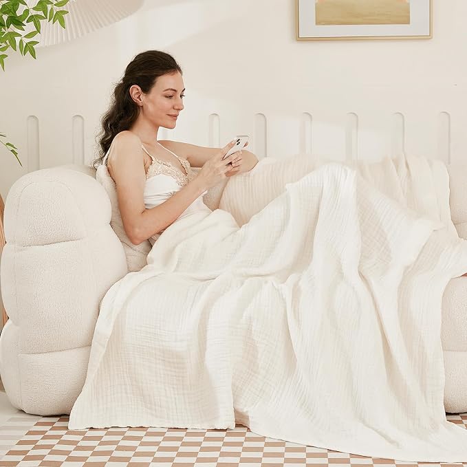 EMME Cotton Muslin Twin Blanket Breathable Gauze Soft Lightweight Adults Gifts for Women (White,60"x80")