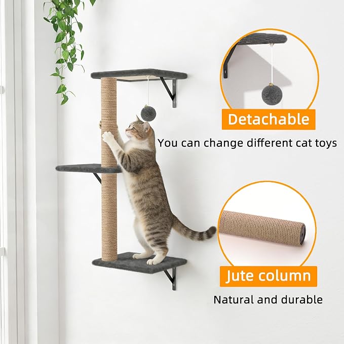 Cat Wall Shelves 5-Piece Set,Cat Walls Furniture for Indoor Large Cats Includes Bed, Cave, Scratching Post, Hammock, Space Saving Floating Shelves (Dark Gray)