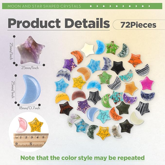 Nuenen 72 Pieces 1 inch Star and Moon Worry Stones Crystal Bulk Moon Shaped Thumb Gemstones Polished Pocket Star Palm Stones Bulk for Witchcraft Meditation Reiki Balancing Decor
