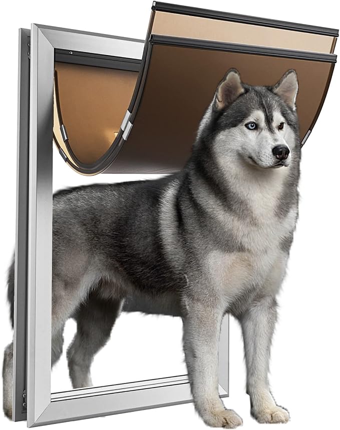 SmarketBuy Aluminium Extra Large Dog Door 17.5" W x 27.7" H Weatherproof Aluminum Frame Pet Door with Sliding Lock Panel Easy to Install Durable Magnetic Double Flaps Pet Door for Dogs Up to 220LBS