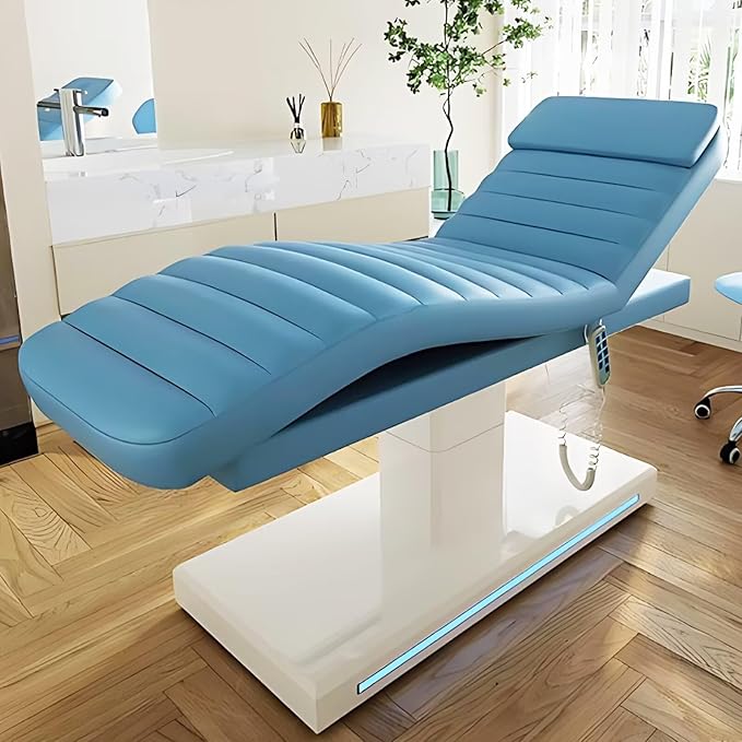 Massage Table-Electric Massage Table with Blue Modern Minimalist Style, Facial Beauty Table Includes Intelligent Angle Adjustment, Ambient Light