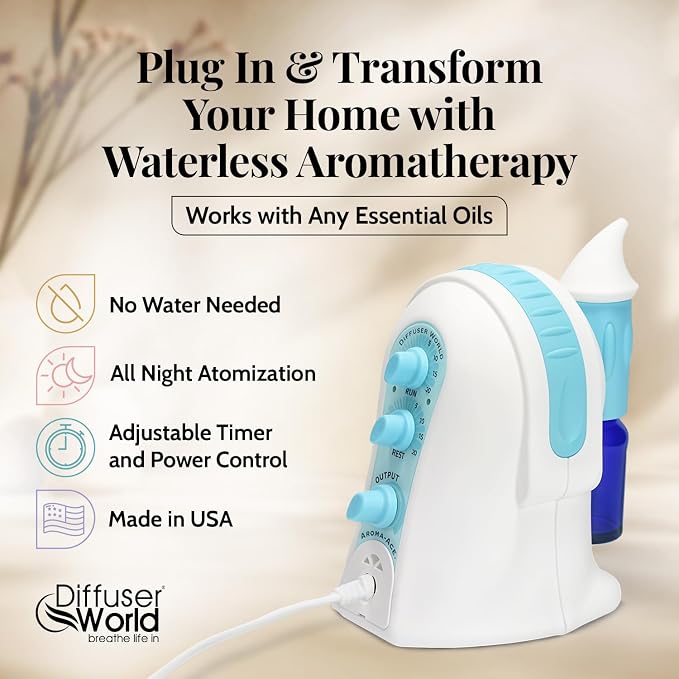 1000 Sq Ft Waterless Diffuser for Essential Oils, Made in USA Blue Waterless Aroma Atomizer for Home Large Room Fragrance, Home Scent Machine, Air Aromatherapy with Adjustable Timer