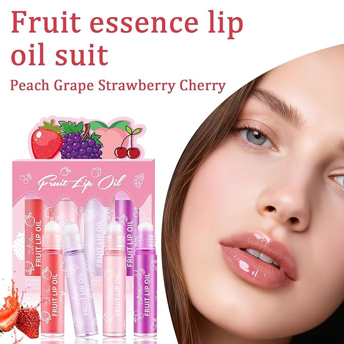 4Packs Fruit Lip Oil Roll-On, Jojoba Oil Infused Moisturizing Lip Gloss for Dry Lips, Nourishing & Non-Sticky Lip Care with Strawberry, Grape, Peach, Cherry Scents