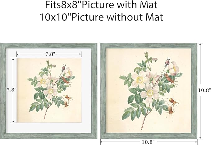 10x10 Picture Frame Set of 9, Display Pictures 8x8 with Mat or 10x10 without Mat, Multi Collage Gallery Square Photo Frames for Wall or Tabletop, Rustic Green