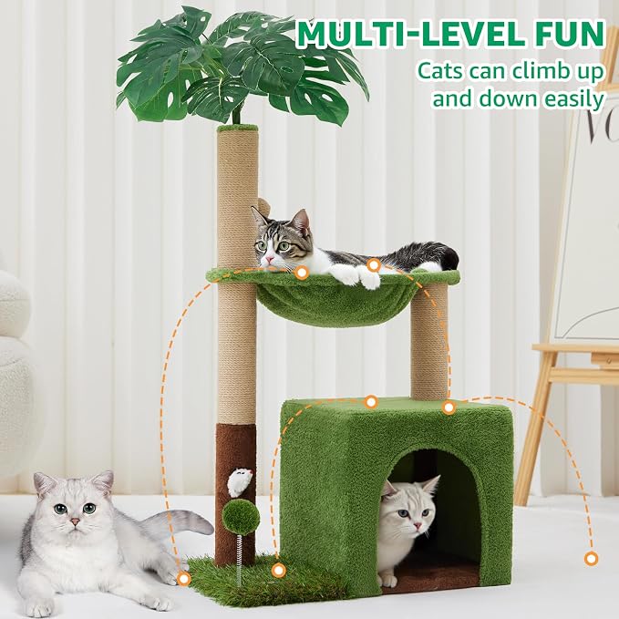37"Cat Tree Tower With Scratching Post,Cozy Hammock For Indoor Cat | Multiple Cats,Heavy Duty,Sturdy,Corner Cat Condo,Cat Hammock,Green Cat Tree