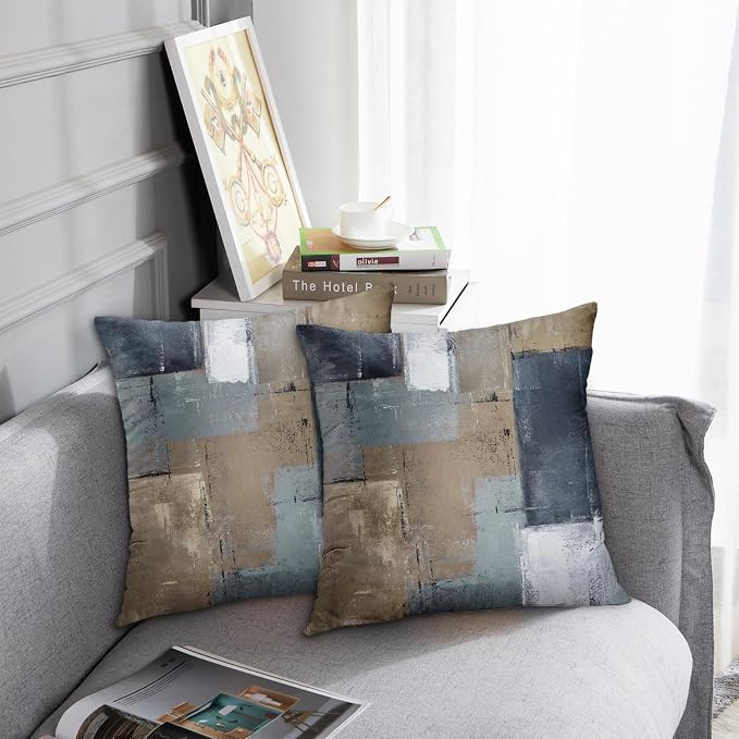 Emvency Throw Pillow Covers Set of 2, 18 x 18 Inch, Abstract Brown Navy | Blue Painting Outdoor Decorative Square Pillow Cases Couch Cushion Case for Couch Bed Sofa Living Room Home Decor