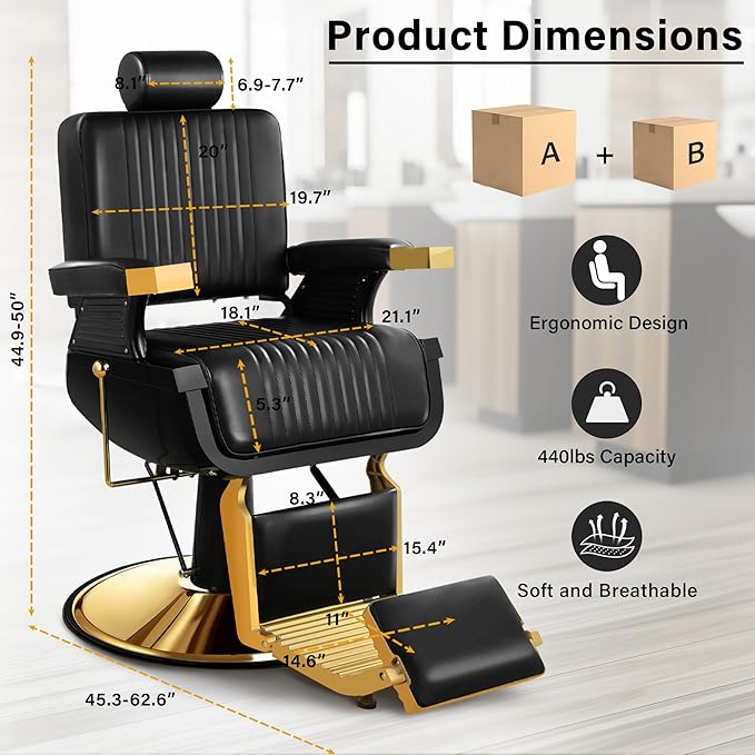 Barber Chair, Heavy Duty Reclining Barbershop Chair for Hair Stylist with Footrest and Headrest, Adjustable 360° Swivel All Purpose Hydraulic Salon Chair for Home Spa Beauty, Black Gold