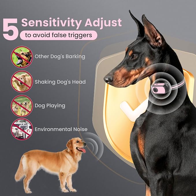 Dog Bark Collar for Large Medium Small Dogs, Rechargeable Smart Bark Collar, Anti Barking, Humane Dog Training Device with 5 Adjustable Sensitivity Beep Vibration(Pink)