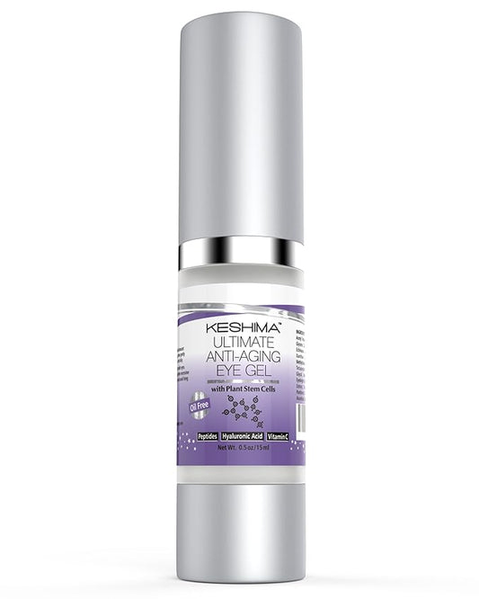 Keshima Eye Gel for Crow's Feet, Puffiness, Sagging Skin, Dark Circles and Wrinkles - Cream with Plant Stem Cells, Vitamin C, Hyaluronic Acid, Complex Peptides, Aloe, Green Tea - Oil Free