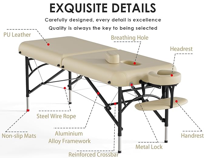 CLORIS 84" Professional Massage Table Portable 2 Folding Lightweight Facial Salon Spa Tattoo Bed Height Adjustable with Carrying Bag & Aluminium Leg Hold Up to 1100LBS Cream
