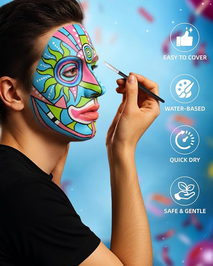 Lictin Black and White Face Body Paint with Green Pink Blue, Colorful Joker Makeup Face Paint, Professional Make Up Kit for Halloween, Costume, Cosplay, Carnivals for Adults & Kids