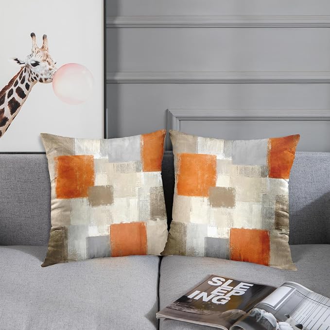 Emvency Throw Pillow Covers Set of 2, 18 x 18 Inch, Modern Abstract Orange | Grey Painting Outdoor Decorative Square Pillow Cases Couch Cushion Case for Couch Bed Sofa Living Room Home Decor