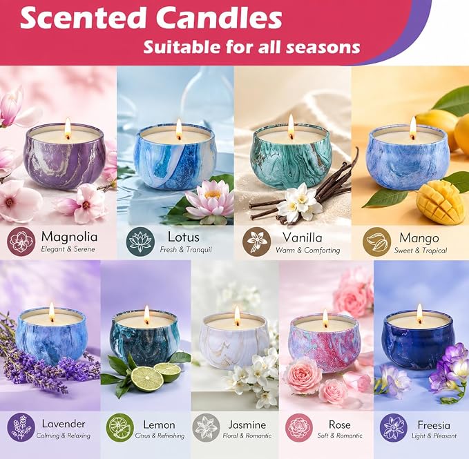 Scented Candles Gifts Set for Women, 9 Pack Aromatherapy Candles Pack Soy Wax with Essential Oil Include Lavender, Jasmine and Vanilla for Bridesmaid, Birthday, Valentine's, Mother's Day, Bath, Yoga