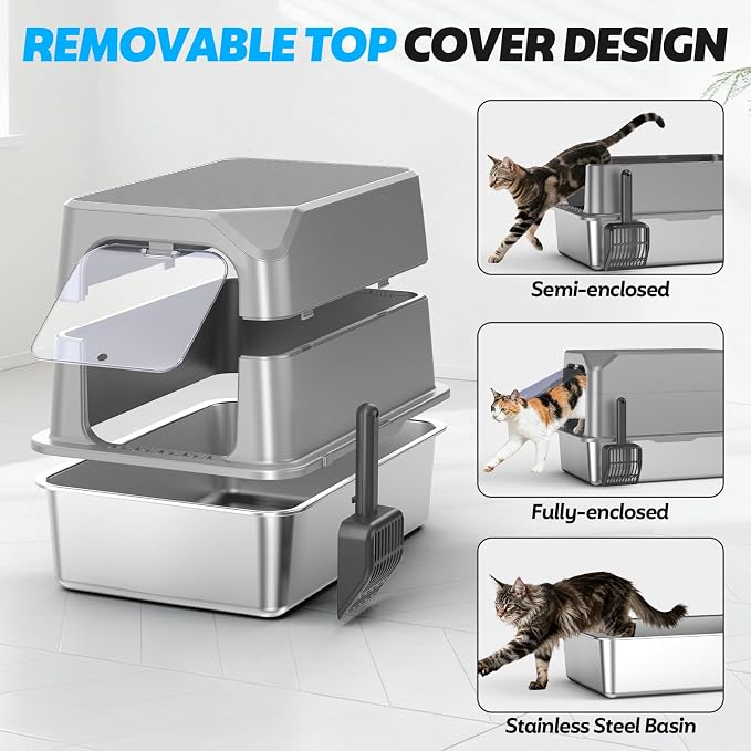 XL Stainless Steel Litter Box with Lid, Enclosed Cat Litter Box,Front Entry | XL for Big Cats, High Sides Enclosed Design, Anti-Urine Leakage, Non-Stick Odor-Free, Easy Clean, Reduce Litter Tracking