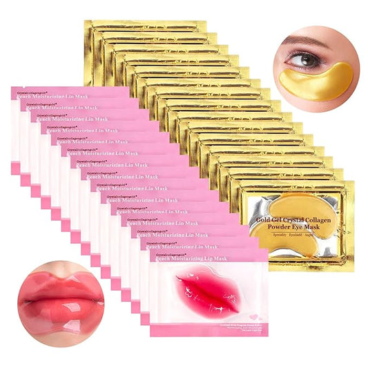 Jakuva 30 Pairs Lip Masks & Eye Masks,Gold Under Eye Patches for Puffy,Peach Red Lip Masks Skincare,Effectively Moisturizing Facial Skin, Anti-Aging, Reducing Fine Lines, Nourishing for Face Care