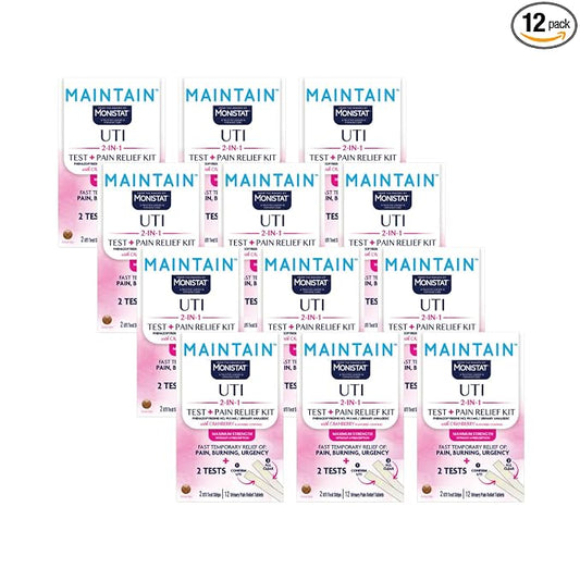 Monistat Maintain UTI Test and Pain Relief Kit, UTI Test Strips and Urinary Pain Relief Tablets, Cranberry Flavor Coating, 2 Test Strips and 12 Tablets (Pack of 12)
