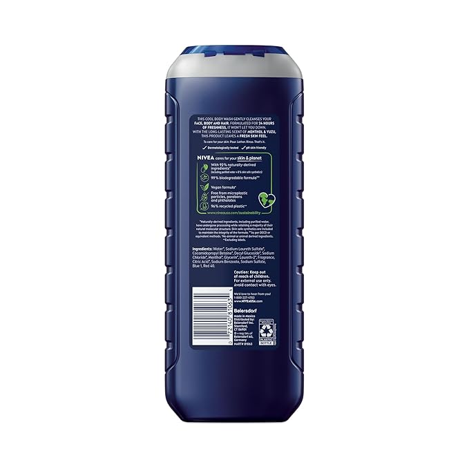 NIVEA MEN Cool Body Wash, Icy Menthol and Yuzu Scent, 3-in-1 Men's Body Wash, Face and Hair, Paraben Free, pH-Skin Friendly, 16.9 Fl Oz Bottle, Pack of 3
