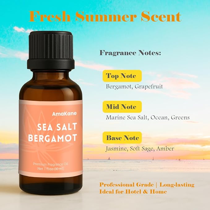 AmaKane Sea Salt Bergamot Fragrance Oil, Summer Essential Oil for Diffuser, Fragrance Oil for Candle Making, DIY Soap Making Scents, Diffuser Oils for Home, Aromatherapy Oils, 30ml