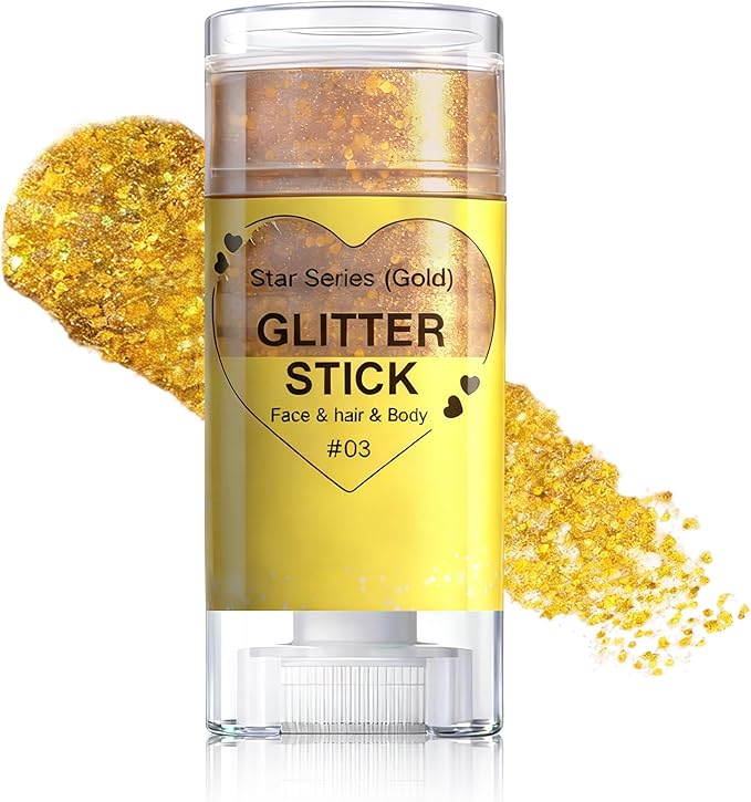 Gold Body Glitter Stick, Face Body Glitter Gel Holographic Hair Glitter Halloween Chunky Sequin Waterproof Face Paint Stick Glitter Makeup for Kids and Women
