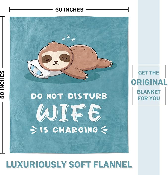 Leebbsin Funny Gifts for Wife, Anniversary Wedding Gifts for Wife | Wife is Charging Sloth Blanket 60" x 80", Cyan, Christmas Mothers Day Birthday Gift for Wifey from Husband