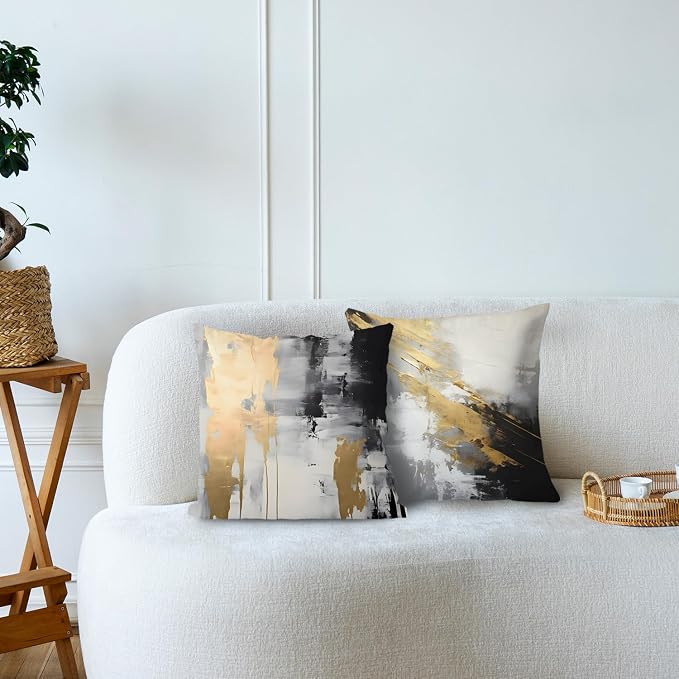 White Black and Gold Pillow Covers 18x18 Set of 2, Modern Black and White Pillow Covers for Couch Bed Living Room
