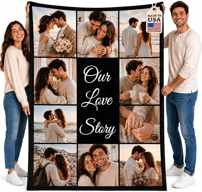 iDIY Custom Blanket with Pictures and Text, Made in USA, Ships Next Day, 10 Photo Collage Personalized Throw, Custom Photo Blanket Gifts for Couples & Family, Anniversary Birthday Valentine's Day