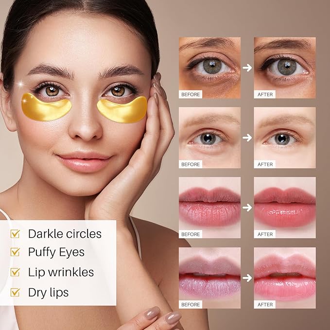 40 Pairs 24K Gold Eye Masks & Lip Masks, Crystal Collagen Under Eye Patches for Puffy Eye, Moisturizing Skin Care Lip Eyes Patches for Dark Circles, Wrinkles and Fine Lines (gold and peach red)