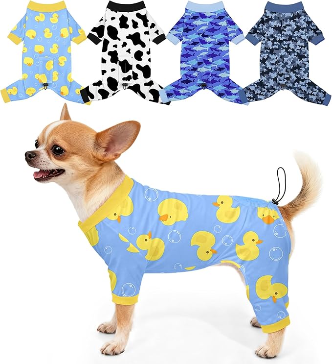 Bienbee Dog Pajamas, 4 Pack Adjustable Onesies for Small to Large Dogs S | Dog Shedding Suit with Soft Fabric, Breathable & Stretchy, and Adjustable Back Length for Sleeping Lounging and Daily Use