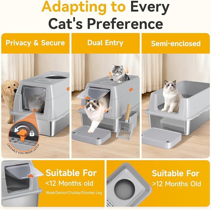 XL Enclosed Stainless Steel Litter Box with Lid, Light Gray | covered, High Sided, Rustproof & Leak Proof, Easy Clean, Odor Control, Includes Scoop & Step