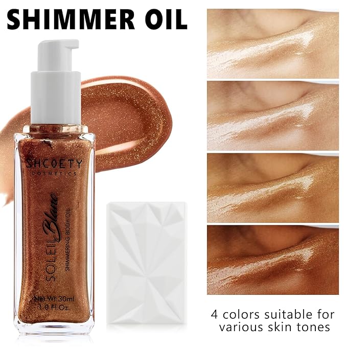 Shimmer Body Oil with Vitamin E, Body Glow Oil for Women, Long Lasting Waterproof & Moisturize for All Skin, Liquid Highlighter Makeup with Brush, Travel Size for Date, Wedding, Party, Bronze Gold
