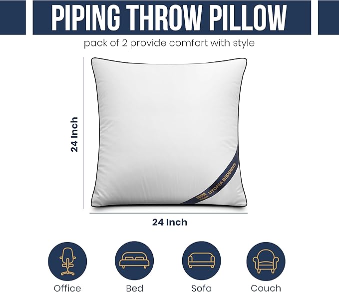 Utopia Bedding 24x24 Throw Pillow Inserts, Decorative Pillows, Pack of 2 | Piping Throw Pillows, Plush & Supportive, Aesthetic Cushion Sham Stuffer for Sofa, Office, Couch & Bed, Set of 2, White