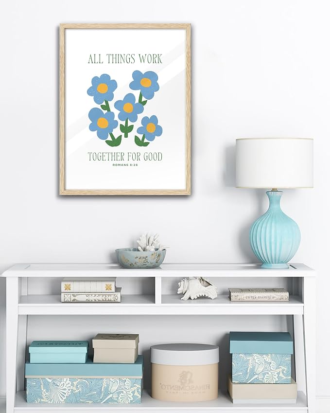 EcoHest 16x20 in Romans 8:28 All Things Work Blue Floral Christian Wall Art | Solid Oak Wood Frame with Canvas Wall Art, Scripture Bible Verse Decor for Bedroom, Living Room, Office, Church, 1Pack