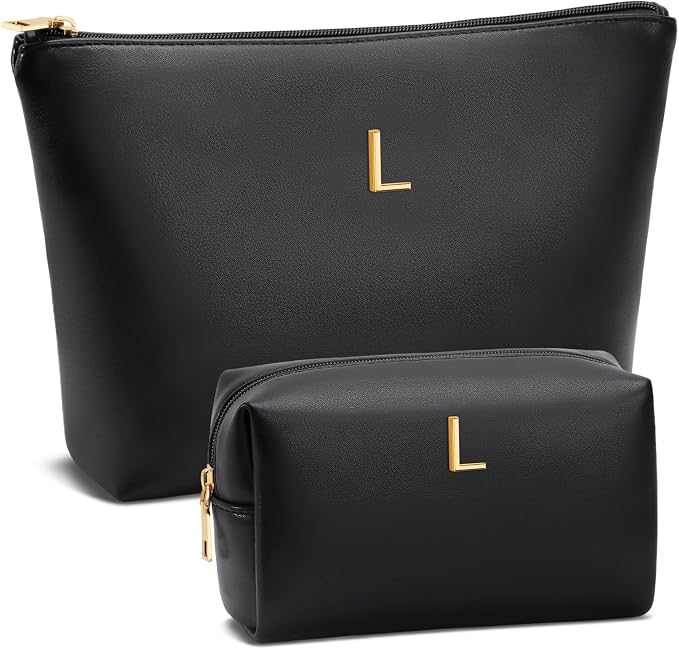 Women Gifts | Initial Makeup Bag for Girl Personalized Gifts for Bridesmaid Friend PU Leather Cosmetic Travel Toiletry Bag(Black,L)