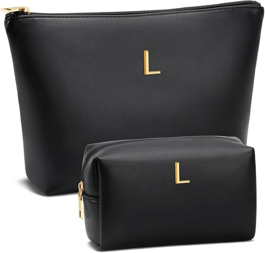 Women Gifts | Initial Makeup Bag for Girl Personalized Gifts for Bridesmaid Friend PU Leather Cosmetic Travel Toiletry Bag(Black,L)