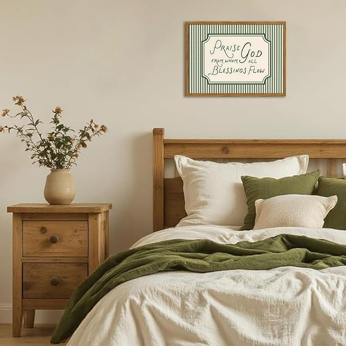 Framed Christian Scripture Wall Art, Bible Verse Pictures Wall Decor, Sage Green Striped Praise God From Whom All Blessings Flow Paintings Canvas Prints Religious Home Decor for Living Room 12x16 inch