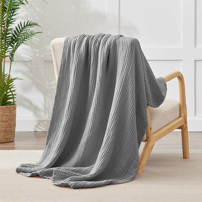 100% Cotton Muslin Blanket 50" x 60", Breathable and Lightweight Cotton Throw Blankets for Couch, Soft Cooling Summer Gauze Blanket for Adults All Season, Grey