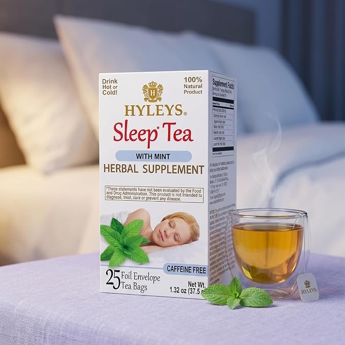 HYLEYS Sleep Tea with Mint, Valerian Root and Chamomile, 25 Individually Wrapped Tea Bags - Caffeine Free Herbal Sleep Blend - Gluten Free Vegan & Plant Based
