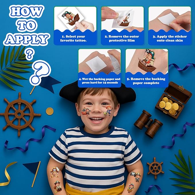 Custom Pirate Temporary Tattoos for Kids - Personalized Pre-Cut Face Photo Tattoos - Fun Birthday Party Favors for Boys, Pirate Fans - Set of 20 Unique Celebration Gifts