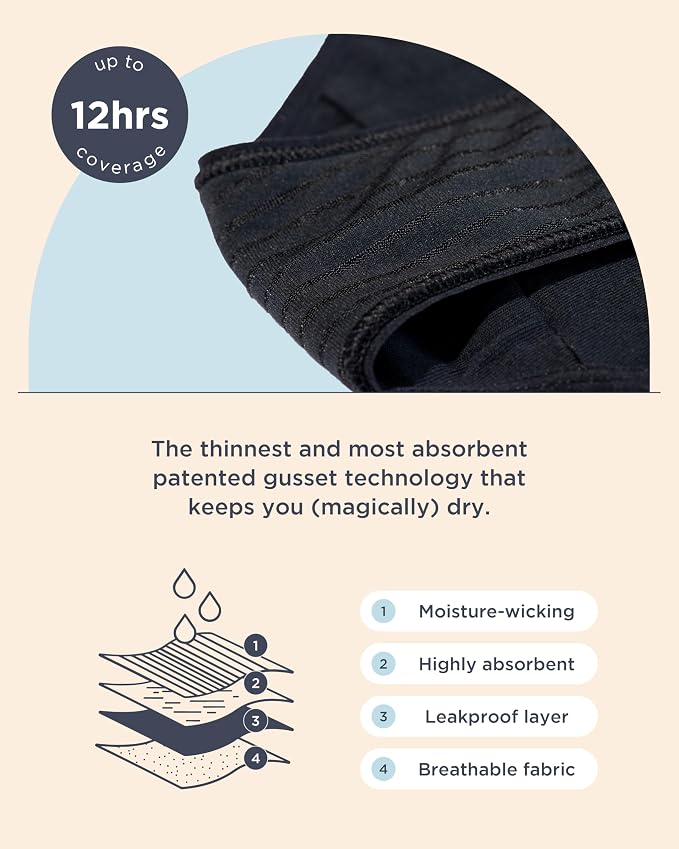 Saalt EveryWear Cotton Brief - Leakproof Period Underwear - Mid-Rise, Full Coverage Womens Underwear - Reusable & Washable - Replaces 3 Pads or 4 Tampons - Large, Volcanic Black