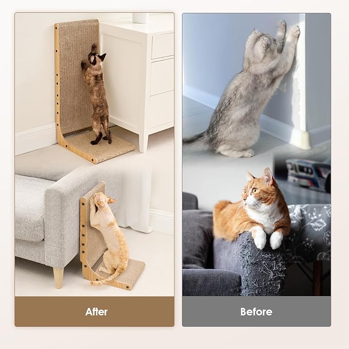 EHEYCIGA Cardboard Cat Scratcher for Indoor Cats, 32 Inch, Brown | L Shaped Scratching Post, Vertical Cat Scratching Board with Ball Cat Toy, Furniture Protector, Extra Large Cat Scratch Pad