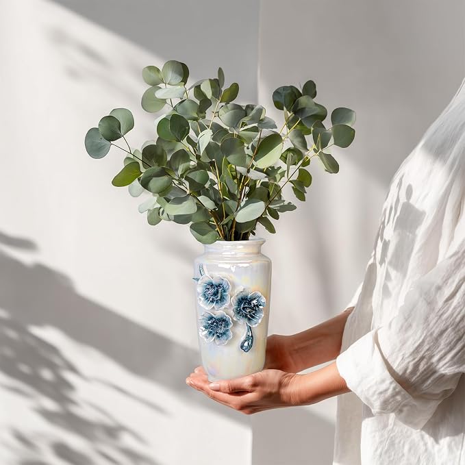 White Ceramic Vase 7 Inch - Small Modern Vase for Flowers, Boho & Farmhouse Decor for Bookshelf and Desk Decorations