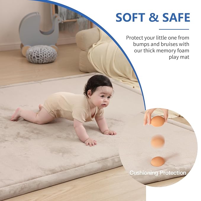 Baby Play Mat for Floor,1.3" Thick Memory Foam Tummy Time Mat for Toddlers,Infants,Kids,Water-Repellent Soft Nursery Rug,71"×79" Extra Large Non Slip for Crawling&Yoga,Tatami Style for Living Room(Beige)