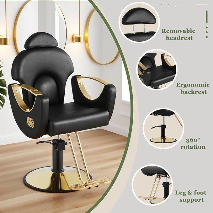 Black and Gold Reclining Salon Barber Chair for Hair Stylist, Hydraulic Pump Hair Salon Chair, 360° Swivel Styling Chair for Home or Barbershop