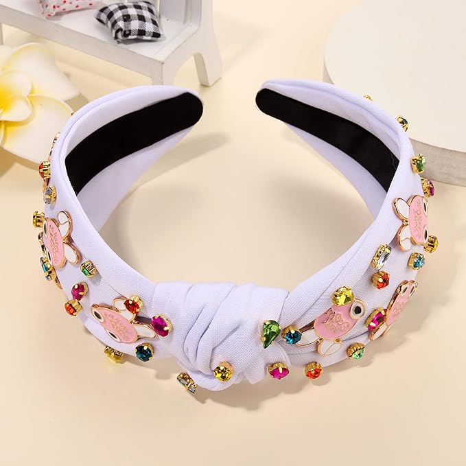 mokkia Easter Headbands Beaded Rabbit Bunny Headband for Women Pink Spring Knotted Headband Easter Hair Accessories Gifts