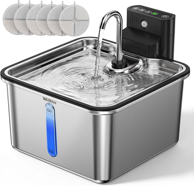 Cat Water Fountain Stainless Steel, 135oz/4L Cordless Pet Fountain for Cat | With 6 Pack Filters|Water & Battery Separation；Faucet Design；Wireless；4000mAh Battery