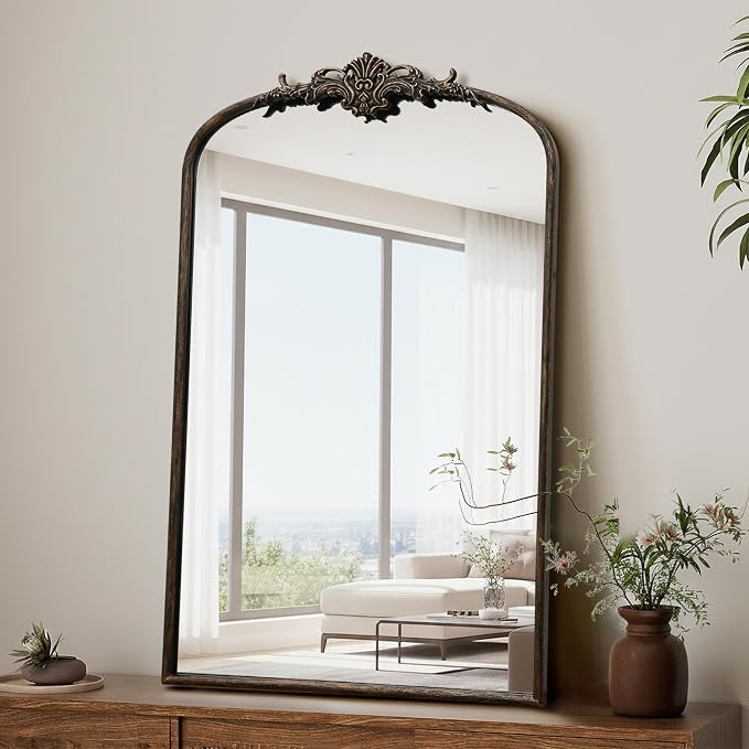 Besdomus Antique Large Wall Mirror: 24"x36" French Black Arched Decorative | Vintage Metal Framed Vanity Mirrors - Baroque Traditional Ornate for Entryway/Bathroom/Bedroom - Ideal for Bath Renovations