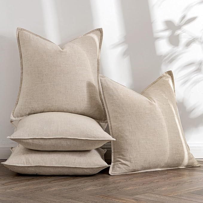 MIULEE Beige Boho Linen Decorative Pillow Covers 20x20 Inch Pack of 4 | Natural Throw Pillow Covers, Soft Farmhouse Couch Pillowcases, Modern Home Decors for Living Room Bed Sofa